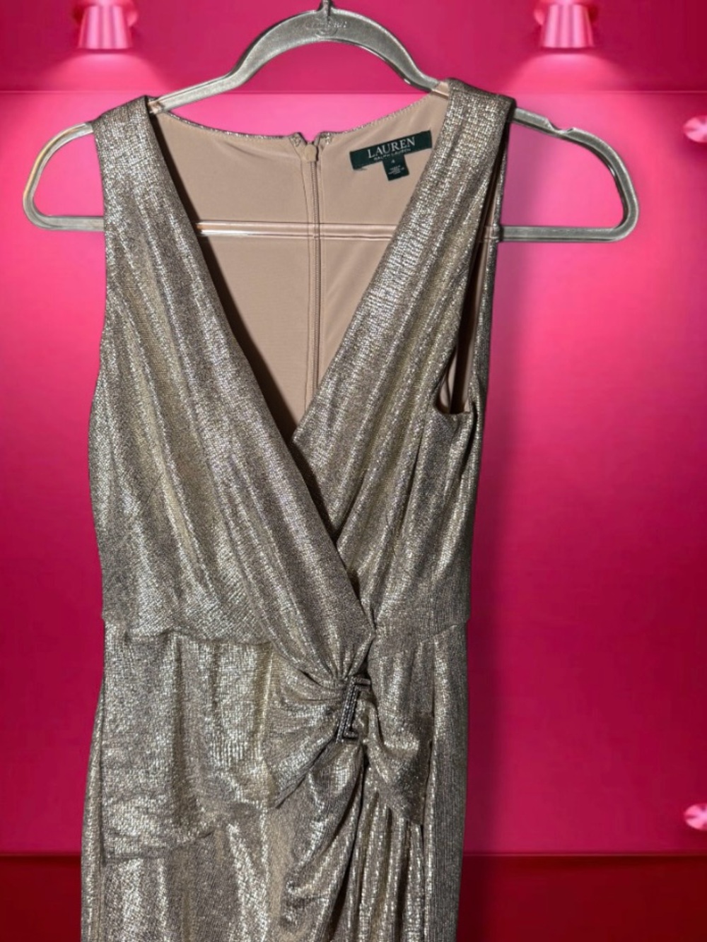 Lauren Ralph Lauren Shimmery Silver-Tone Draped Wrap Dress